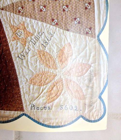 Label from Jane's quilt.  "In War Time.  1868.  Pieces 5602 Jane A. Stickle"